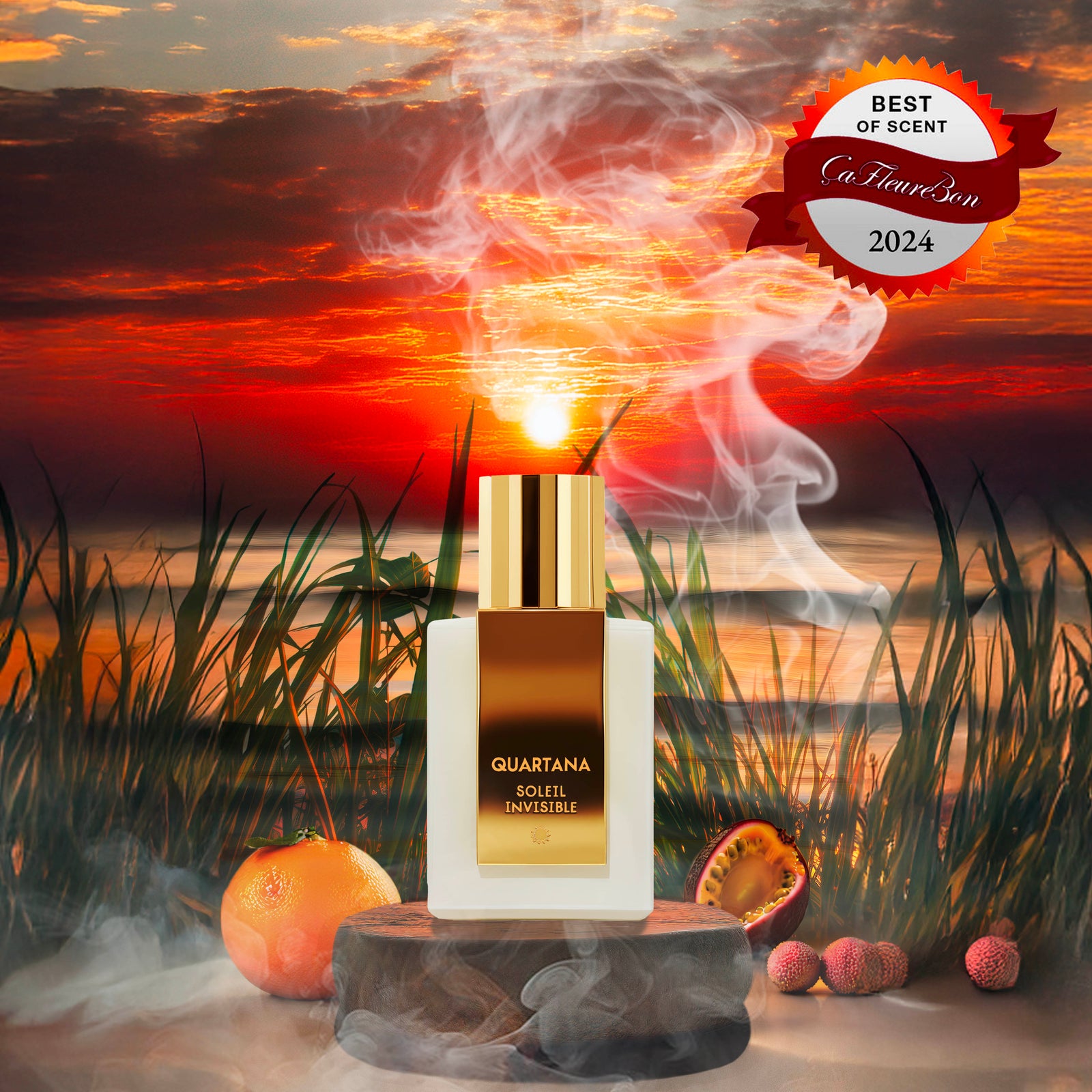 Soleil Invisible bottle at smoky sunset with tangerine, passionfruit, lychees and CaFleureBon Best of Scent 2024 badge